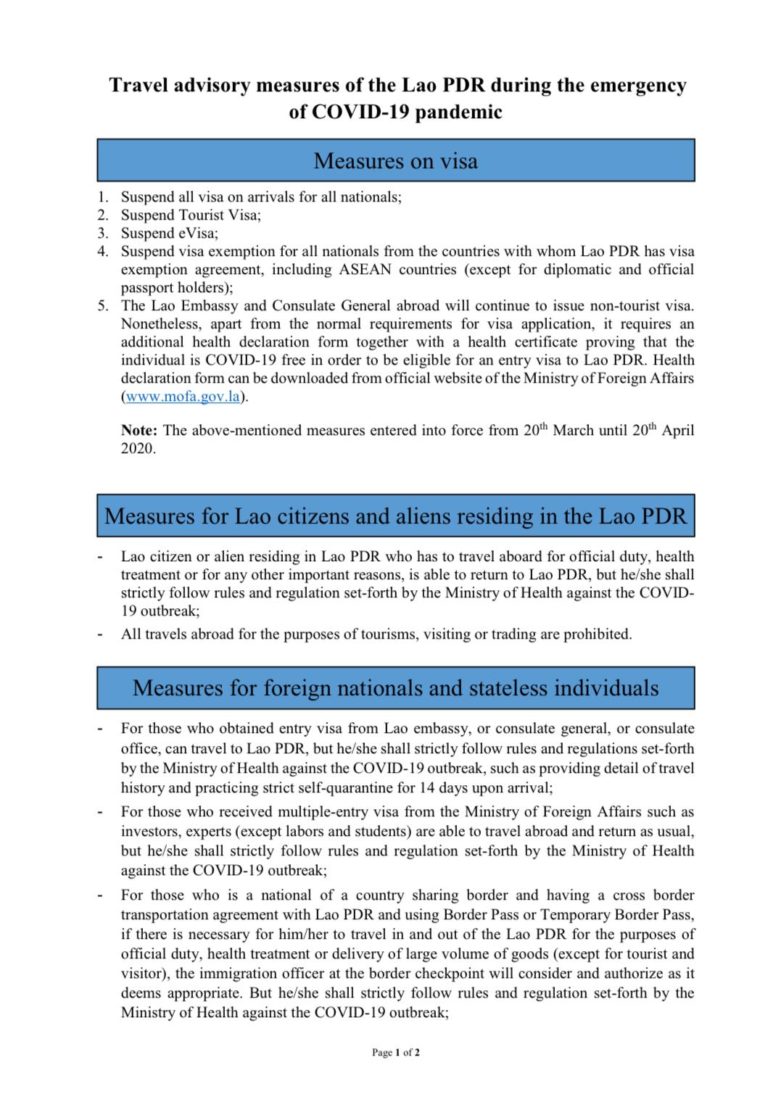 Travel advisory measures of the Lao PDR during the emergency of COVID-19 pandemic